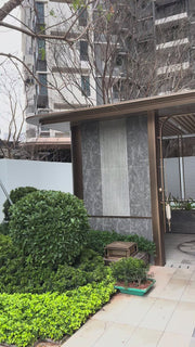 Completed PVD stainless steel landscape pergola at the Poly Heyi Sales Gallery