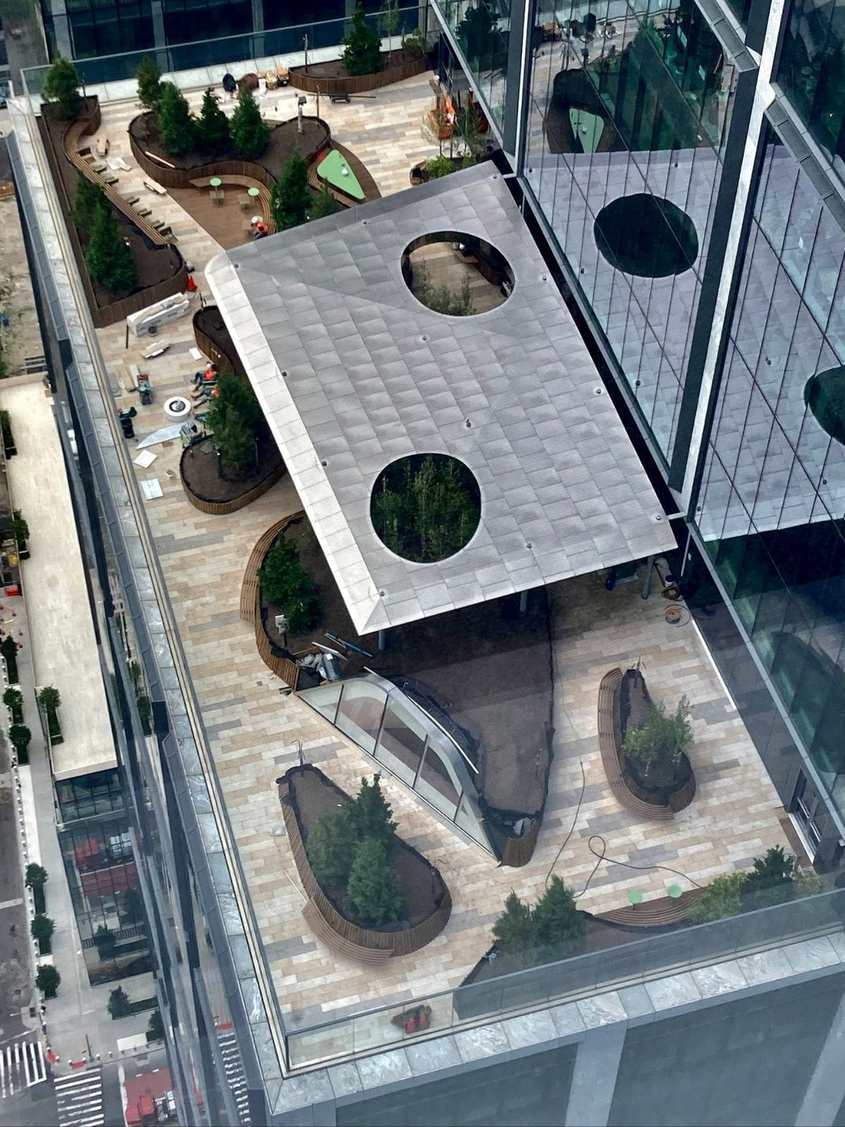 Aerial view of the stainless steel louvered canopy at 50 Hudson Yards Terrace