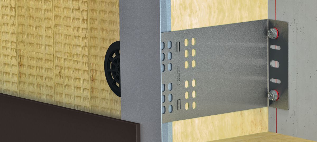 Stainless steel ventilated-facade bracket fixed over insulation at a concrete wall