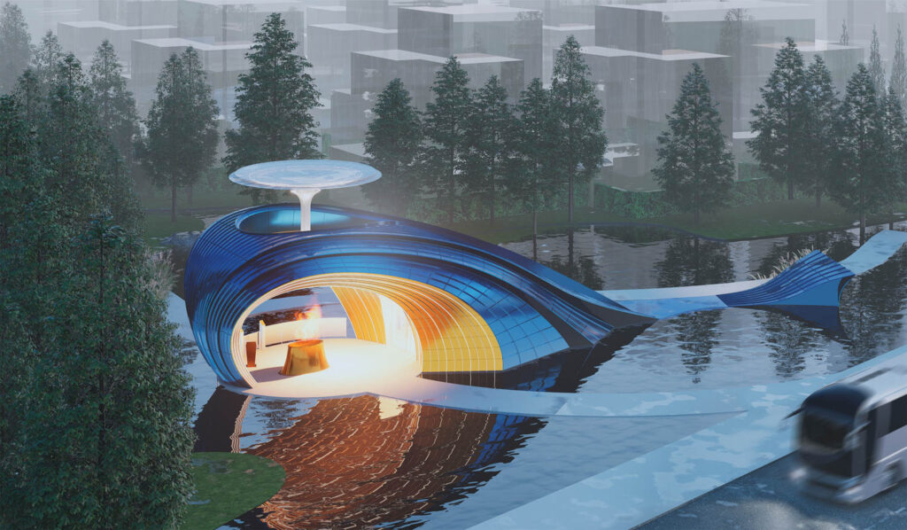 Wutopia Lab Whale Gate clad in blue, gold and white aluminum panels