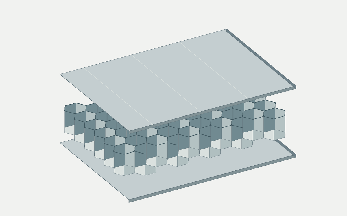 Conceptual exploded honeycomb sandwich illustration; not a dimensioned product drawing