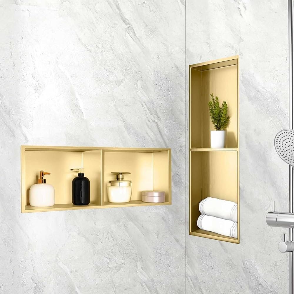 Custom stainless steel shower wall niche with bronze-toned finish