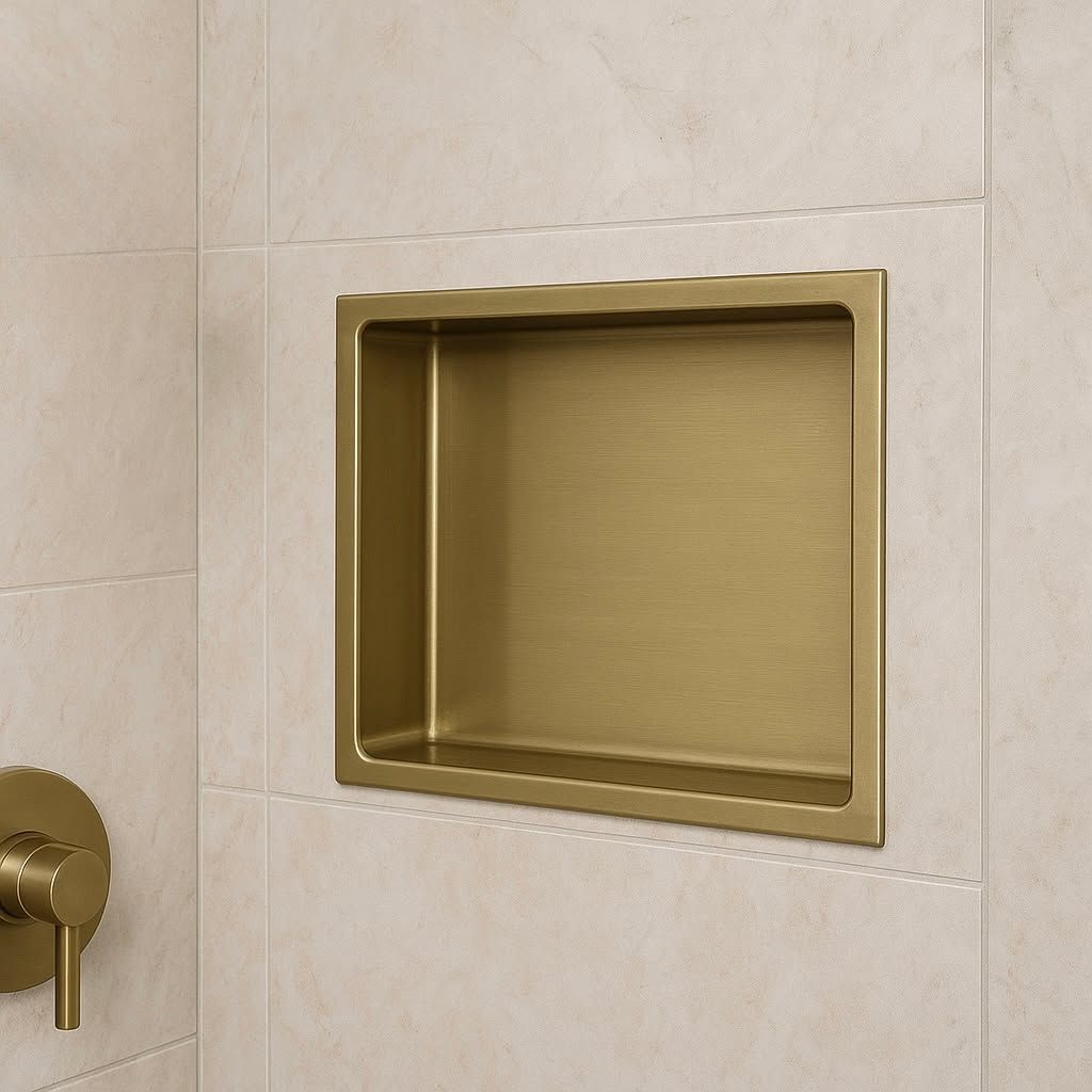 Custom stainless steel shower wall niche with bronze-toned finish