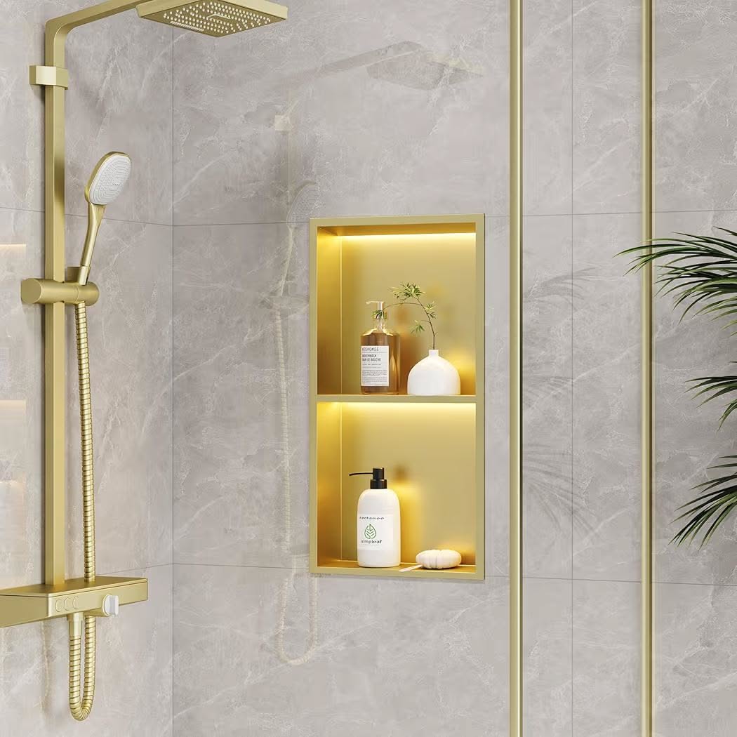 Custom stainless steel shower wall niche with bronze-toned finish
