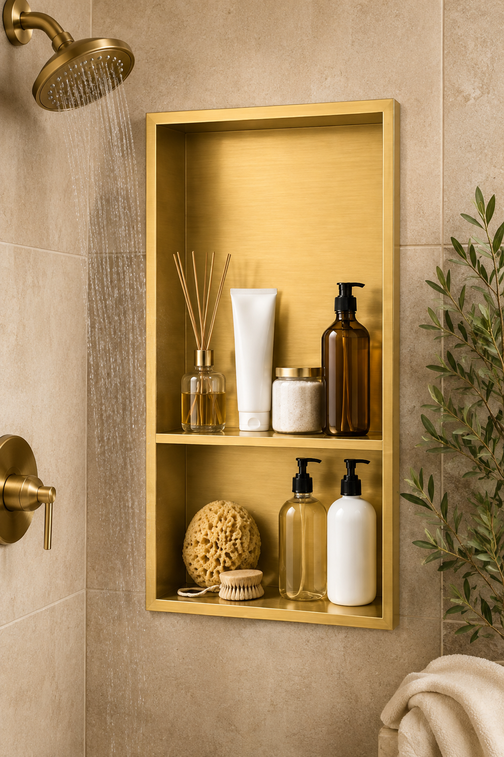 Custom stainless steel shower wall niche with bronze-toned finish