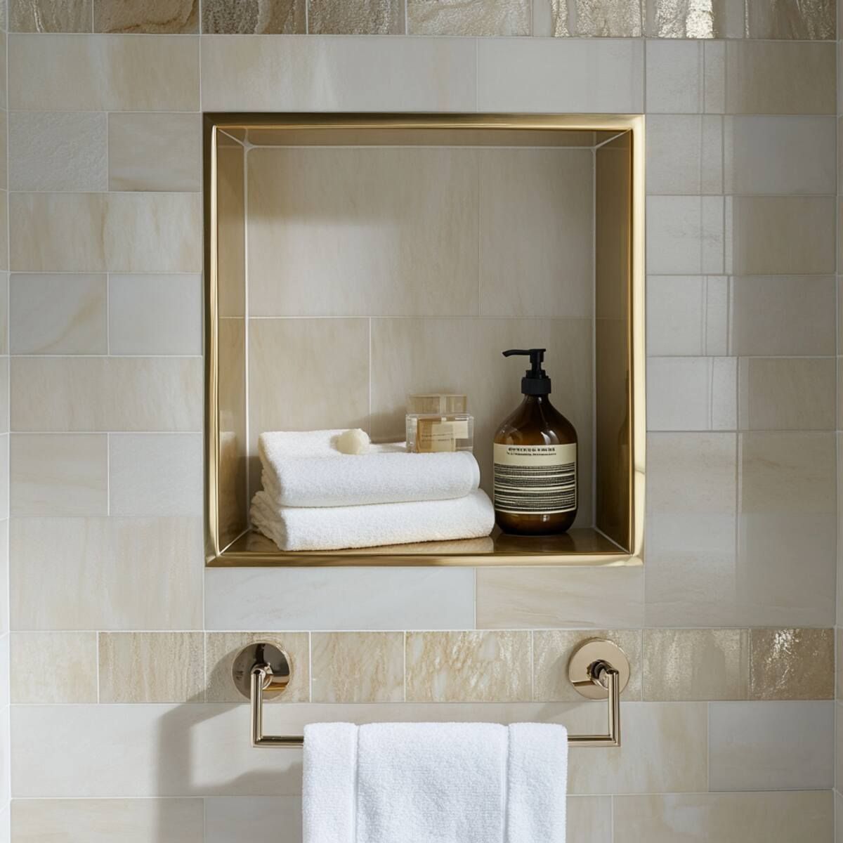 Custom stainless steel shower wall niche with bronze-toned finish