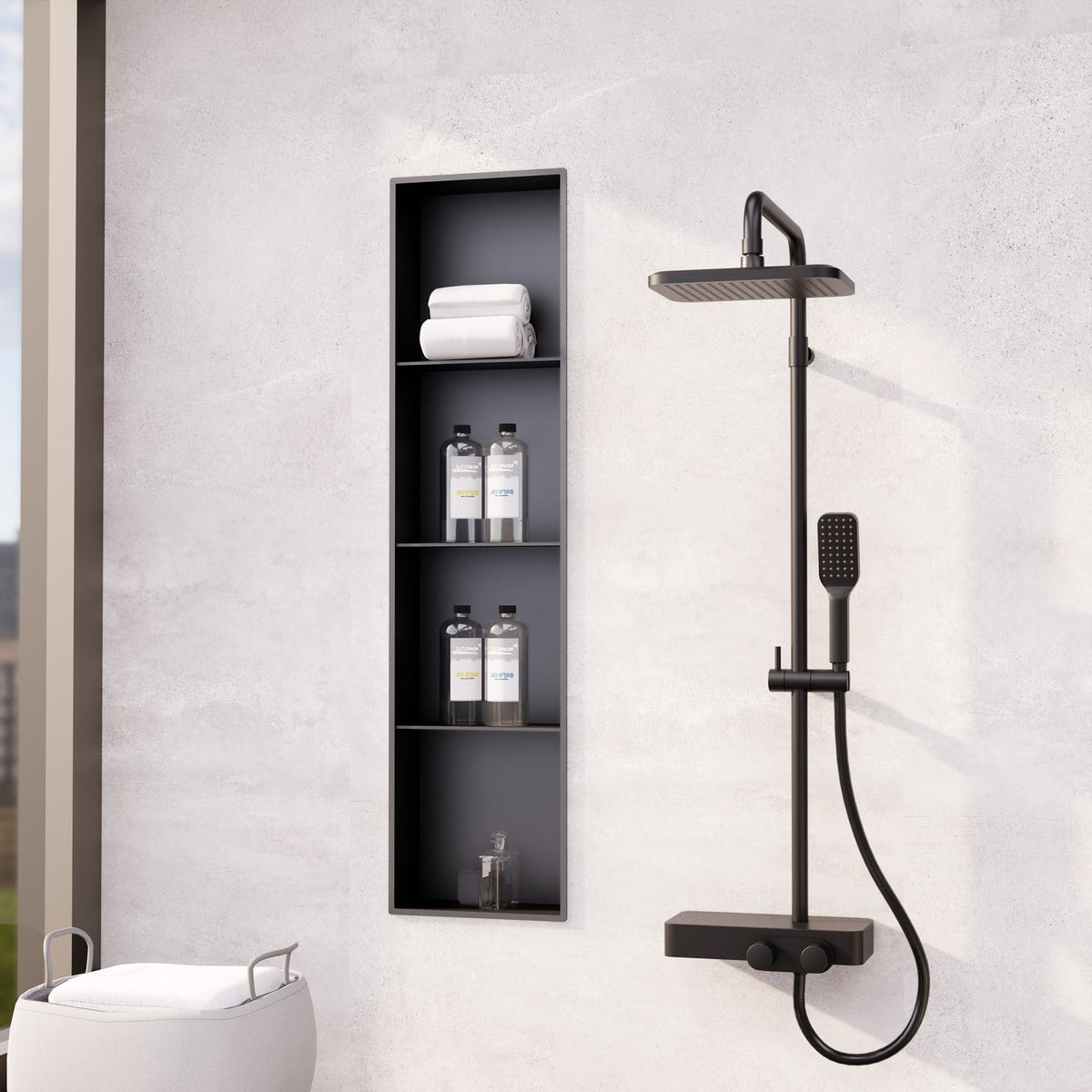 Custom stainless steel shower niche with recessed storage shelves