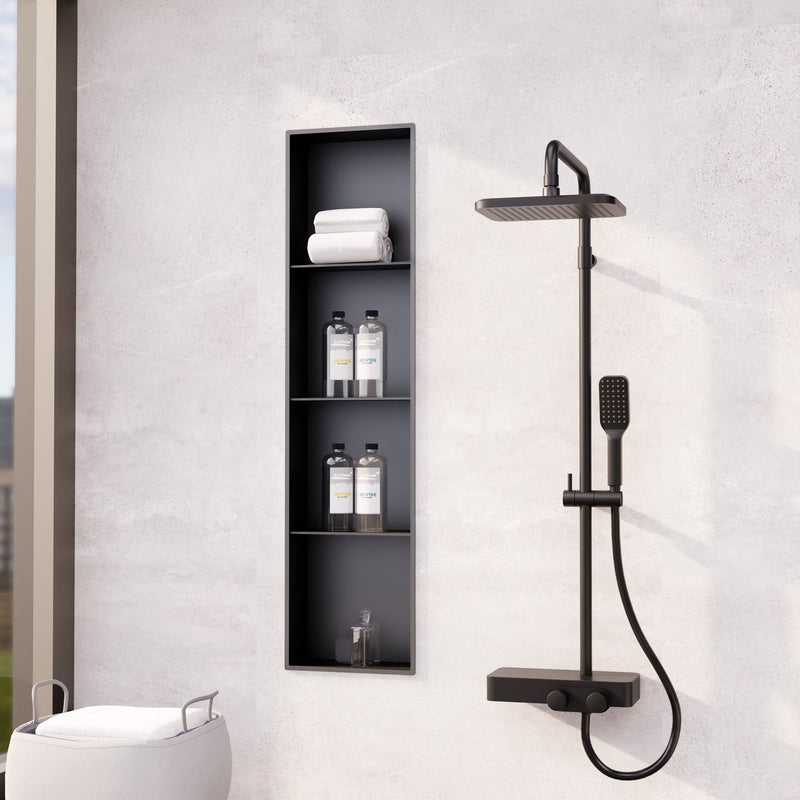 Custom stainless steel shower niche with recessed storage shelves
