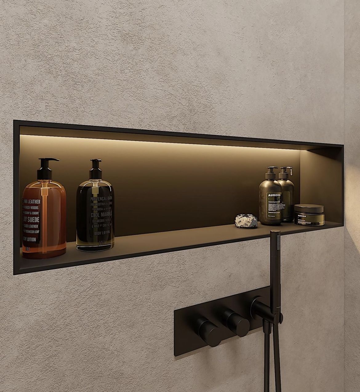 Custom stainless steel shower niche with recessed storage shelves