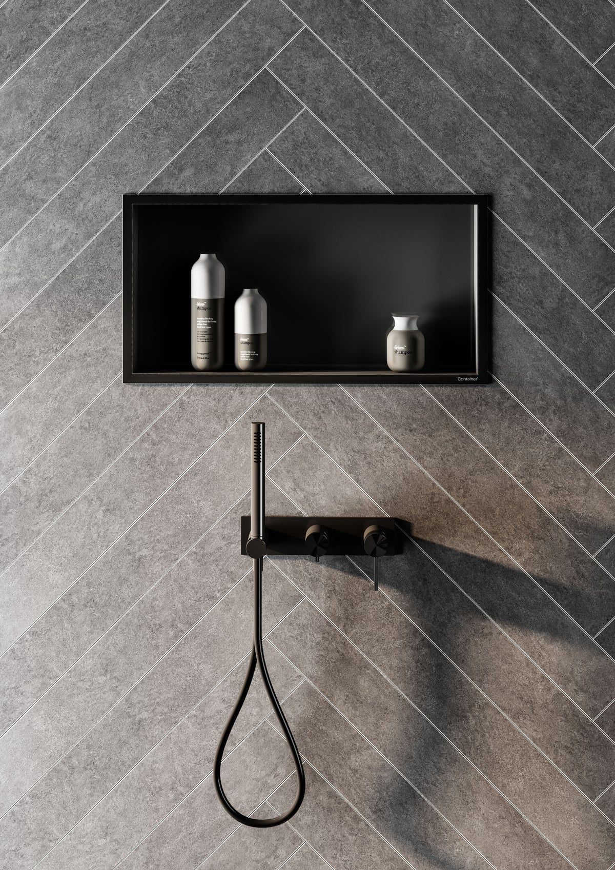Custom stainless steel shower niche with recessed storage shelves