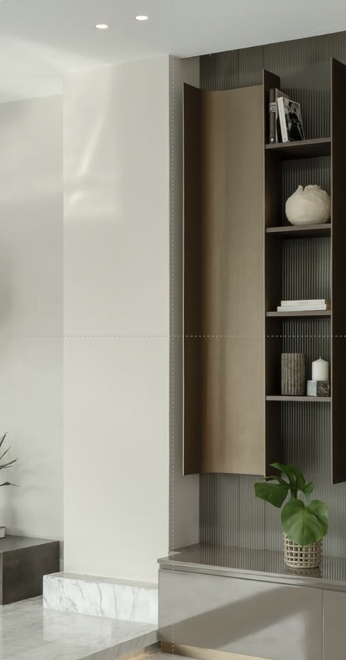 Custom stainless steel TV wall niche with integrated display shelving