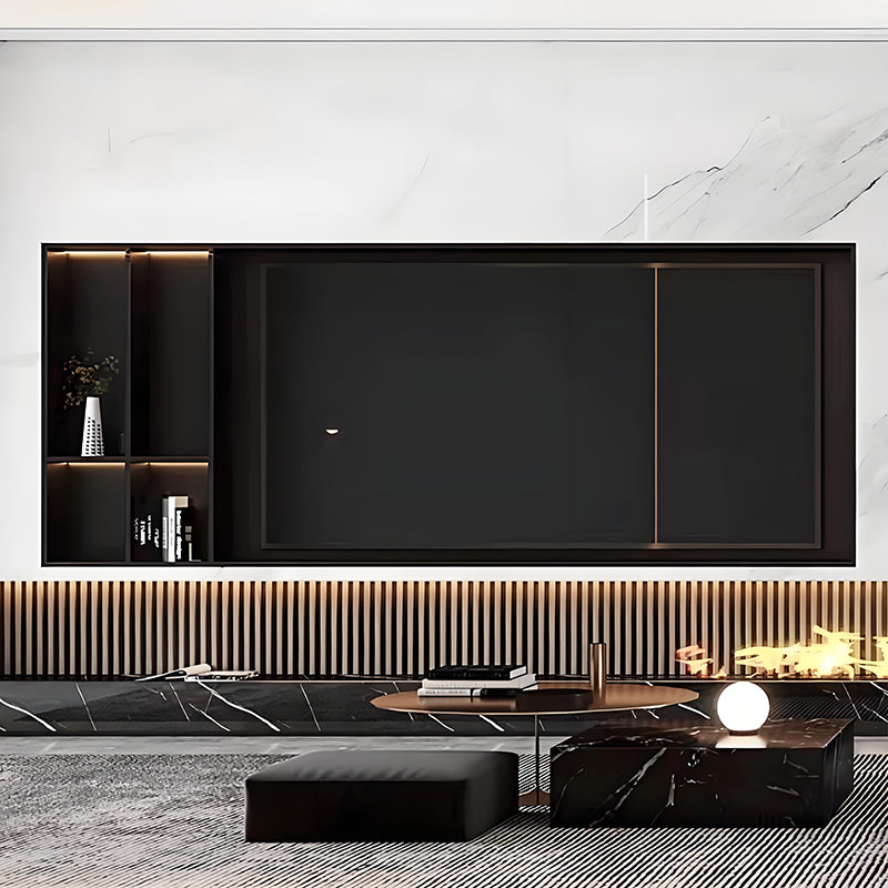 Custom stainless steel TV wall niche with integrated display shelving