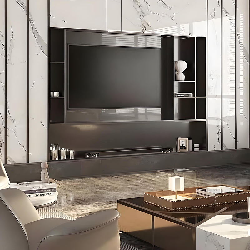 Custom stainless steel TV wall niche with integrated display shelving