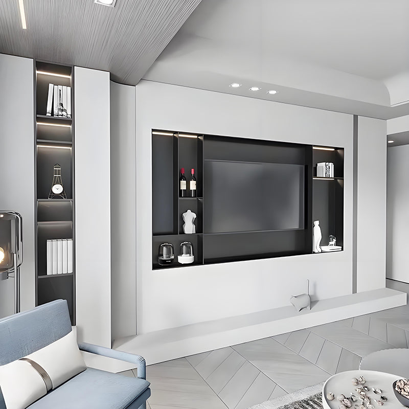 Custom stainless steel TV wall niche with integrated display shelving