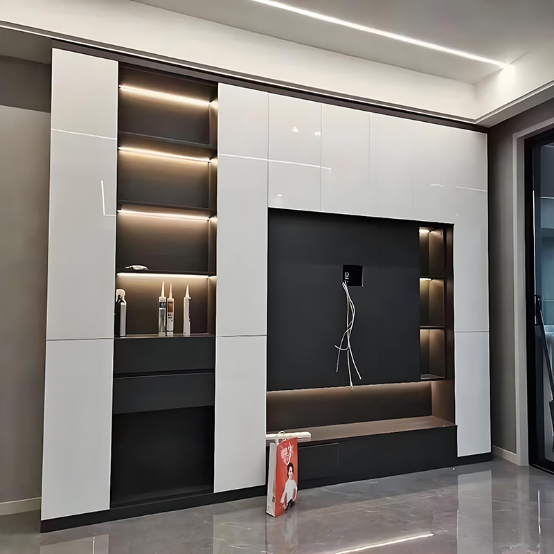 Custom stainless steel TV wall niche with integrated display shelving
