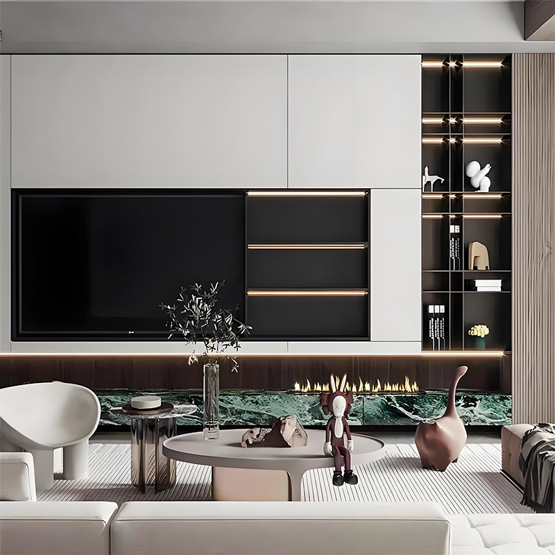 Custom stainless steel TV wall niche with integrated display shelving