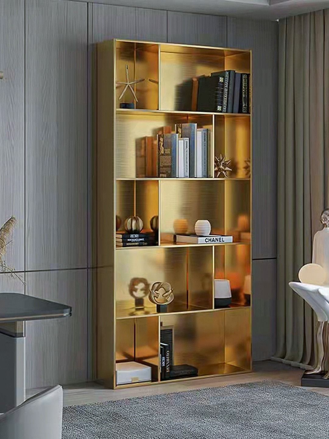 Custom stainless steel display bookshelf with open shelving
