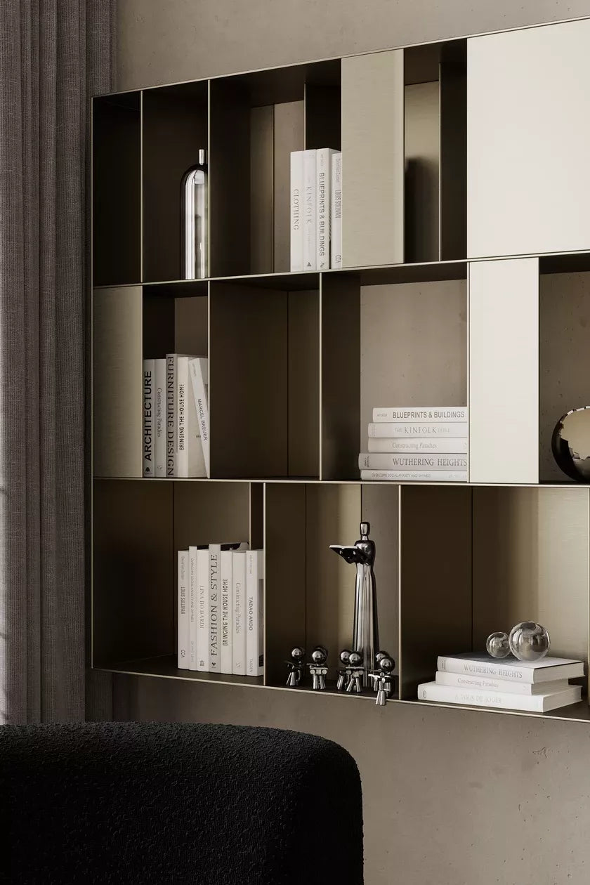 Custom freestanding stainless steel bookshelf with open display shelving