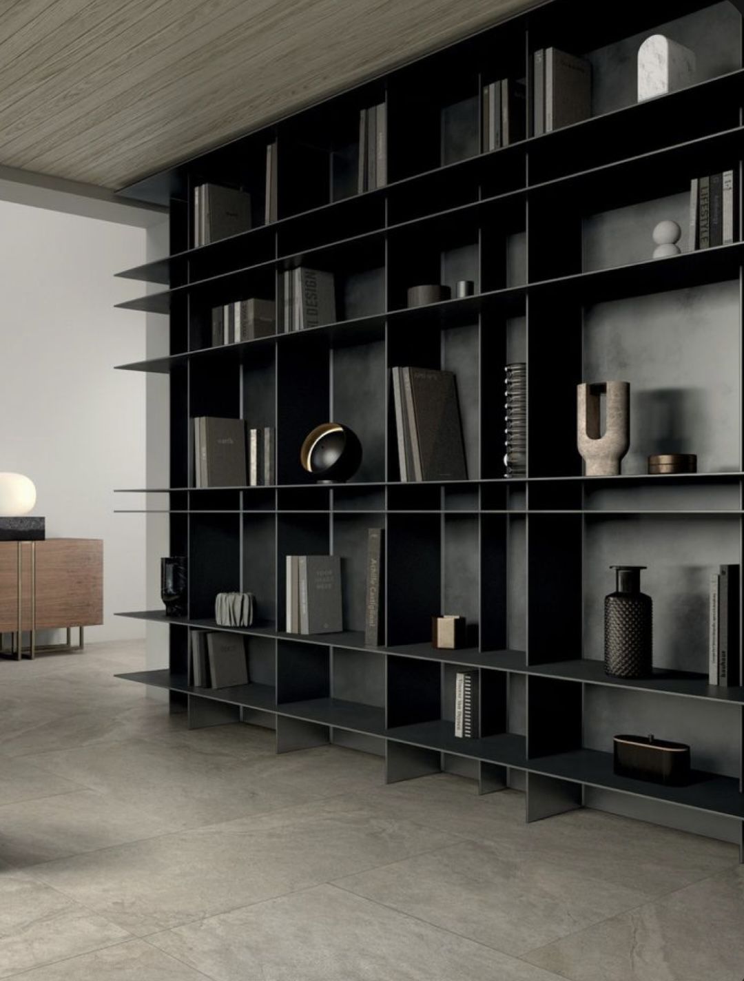 Custom freestanding stainless steel bookshelf with open display shelving