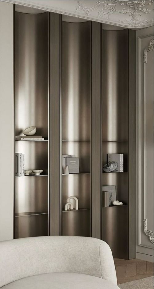 Custom freestanding stainless steel bookshelf with open display shelving