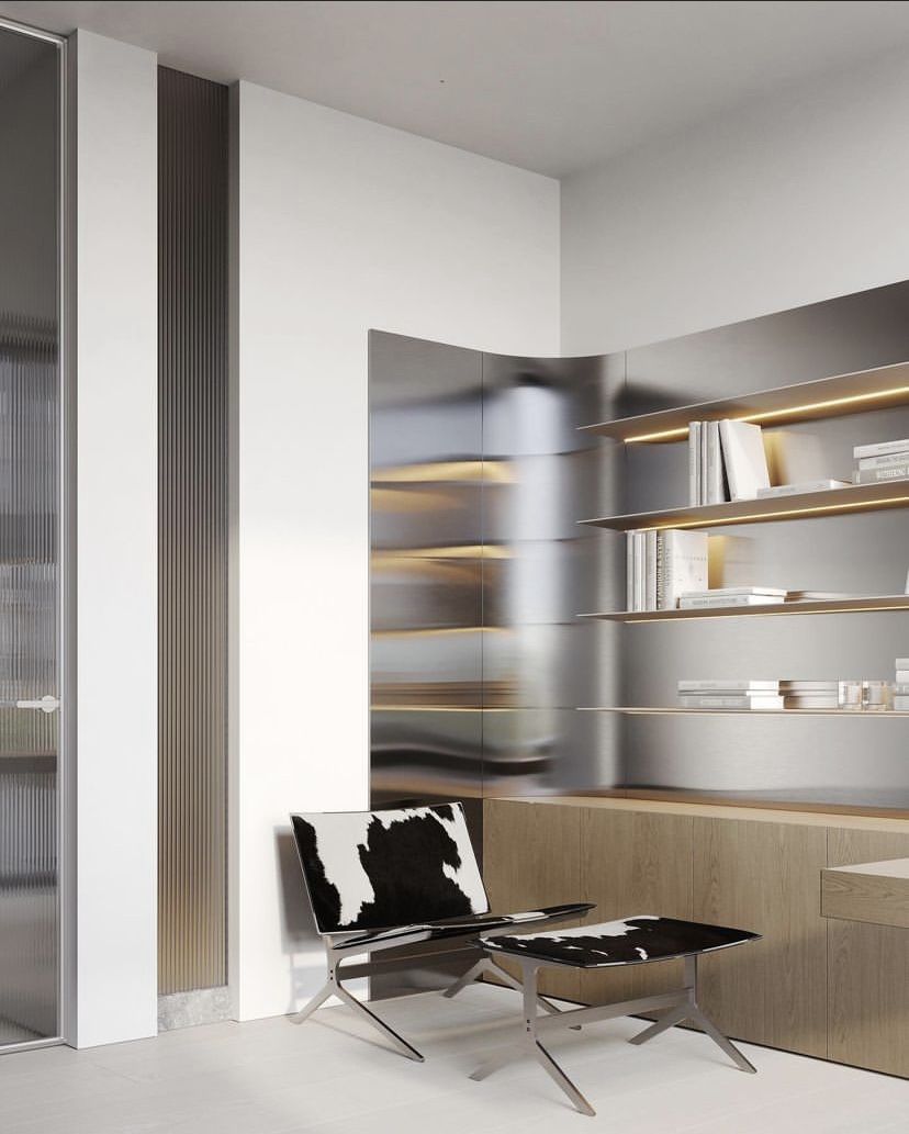 Custom freestanding stainless steel bookshelf with open display shelving