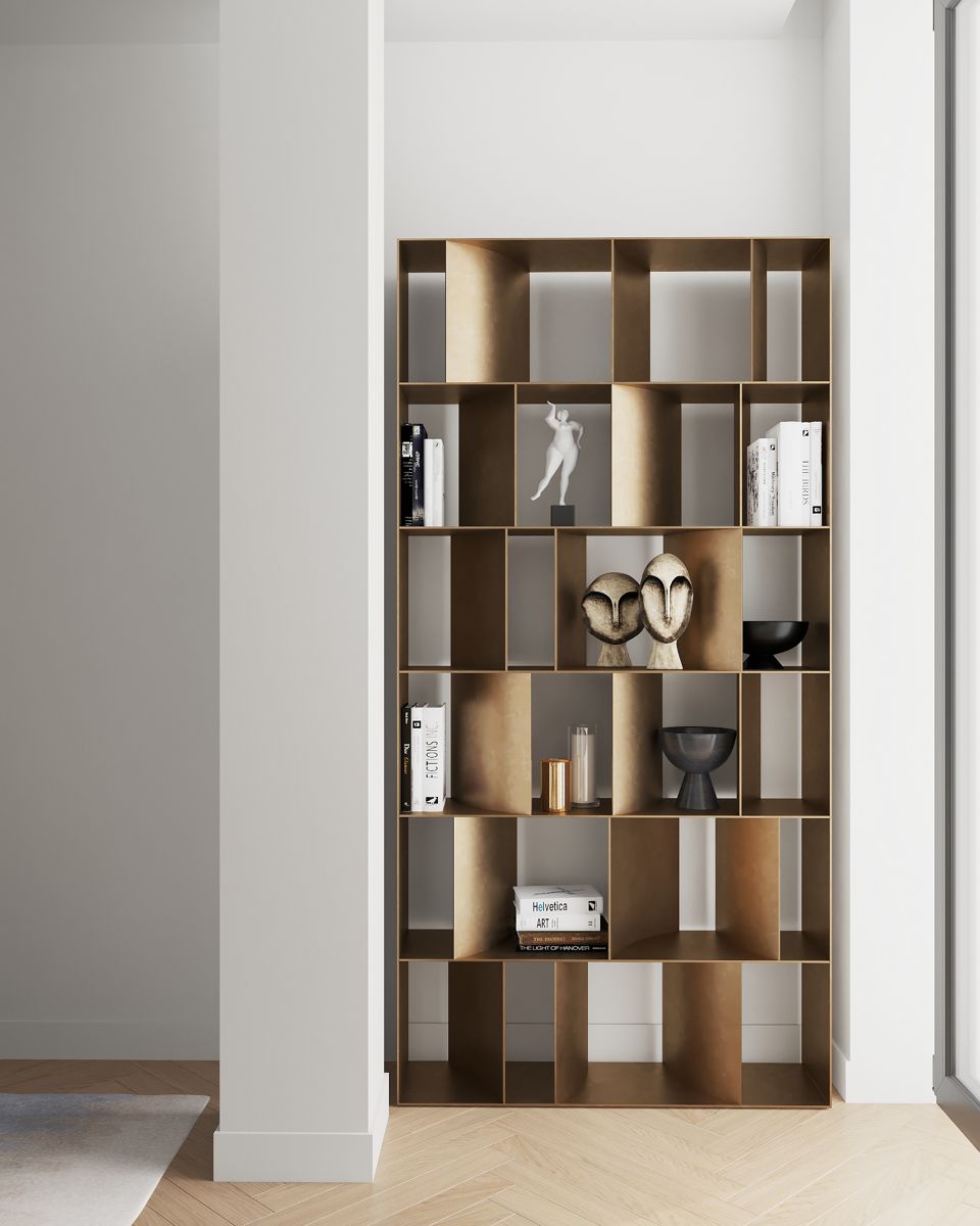 Custom freestanding stainless steel bookshelf with open display shelving