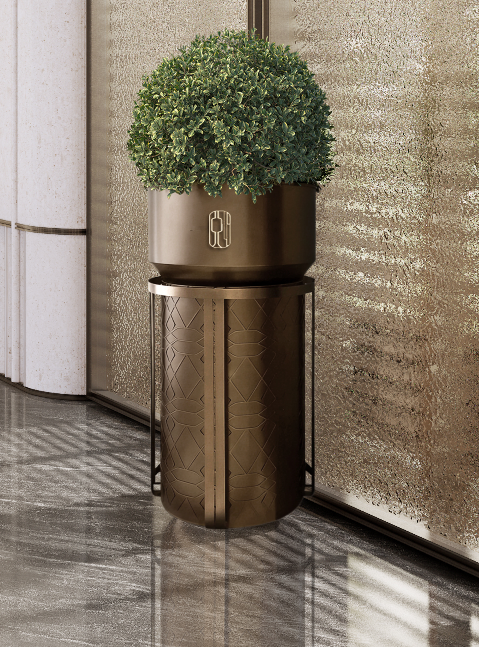 Ornamental brass-tone stainless steel hotel waste bin