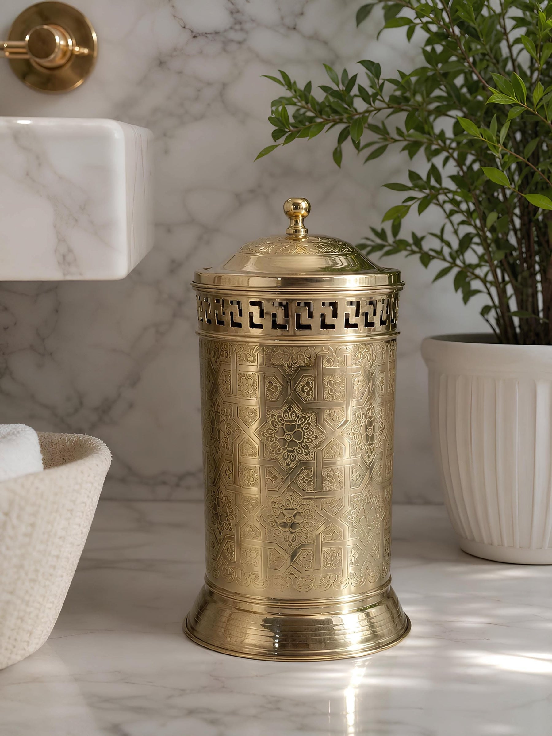 Ornamental brass-tone stainless steel hotel waste bin