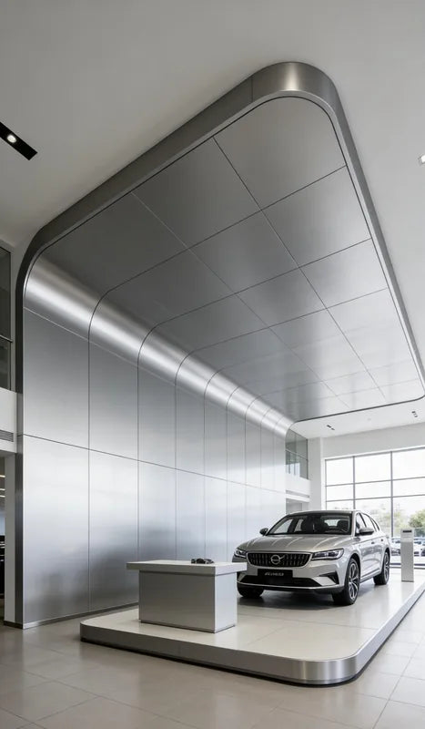 Automotive showroom with continuous aluminum ceiling and wall panels