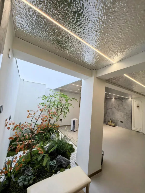 Basement honeycomb ceiling with white frame and linear light