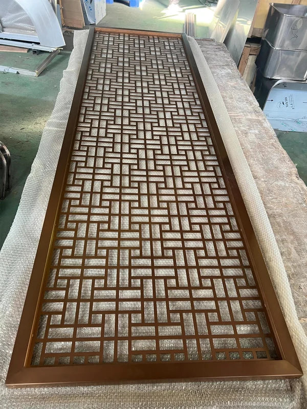 Angled panel view of bronze asian pattern laser cut steel screen options