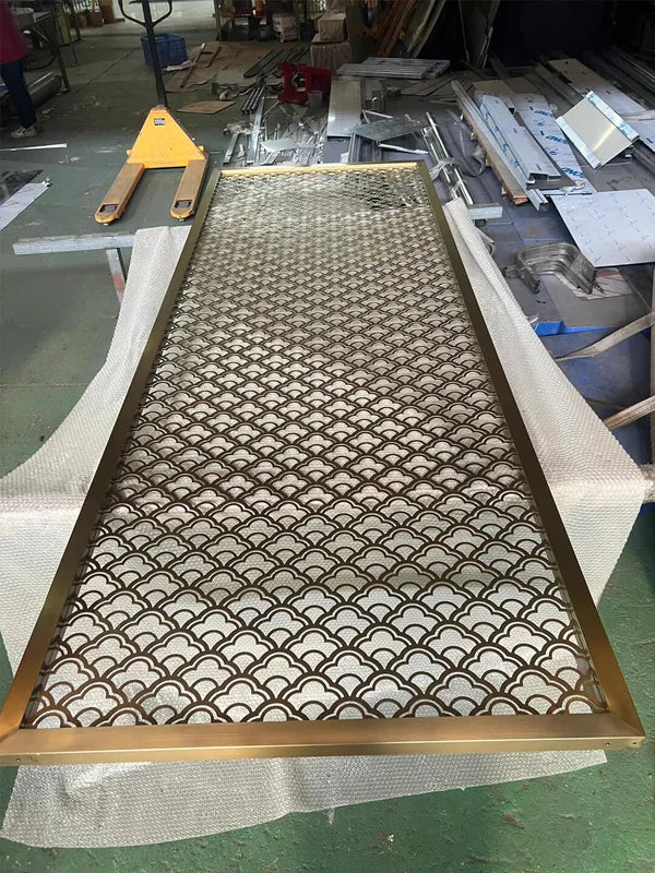 Frame and edge detail of bronze asian pattern laser cut steel screen options