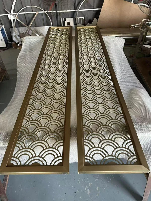 Fabrication view of bronze asian pattern laser cut steel screen options