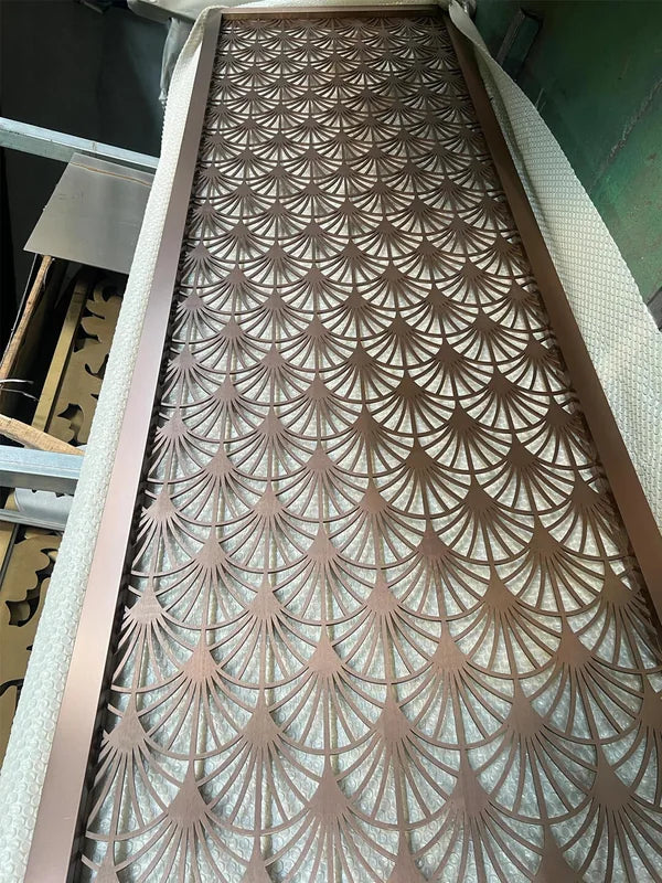 Surface finish detail of bronze asian pattern laser cut steel screen options