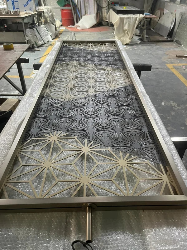 Angled panel view of bronze decorative laser cut steel screen options