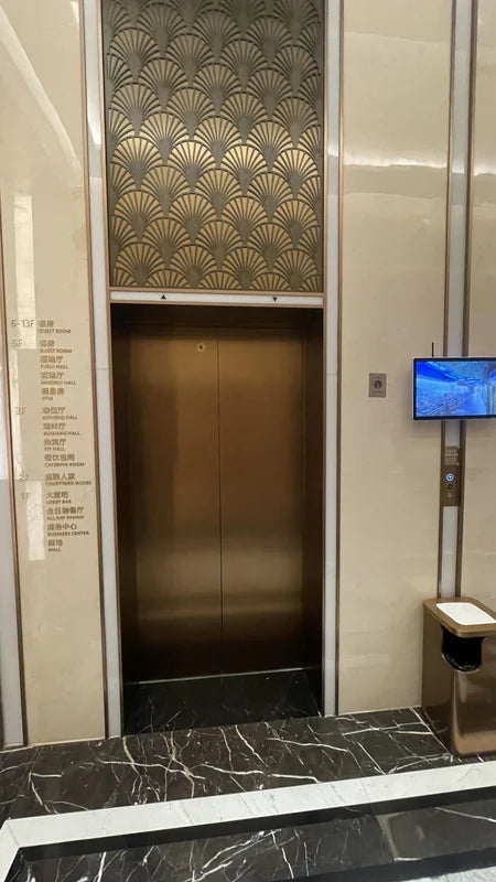 Closed bronze lift door with fan motif above for custom Xinmao Metal elevator design