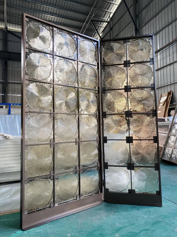 Overall workshop view of bronze floral textured glass folding screen