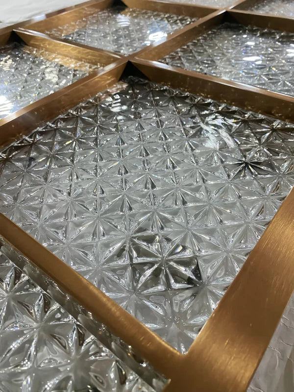 Assembly view of bronze star textured glass stainless steel screen panel