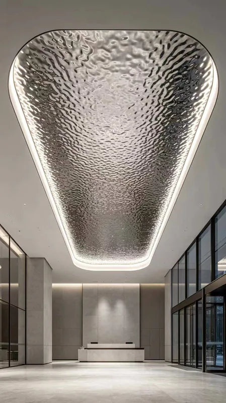 Capsule-shaped reflective ceiling concept with illuminated perimeter