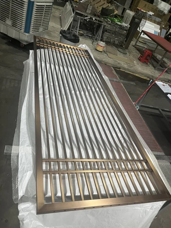 Angled panel view of custom architectural grille steel screen panels