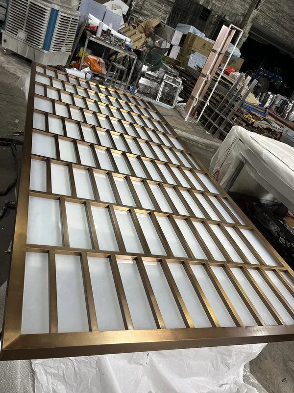 Fabrication view of custom architectural grille steel screen panels