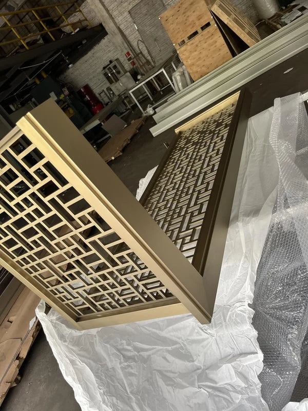 Angled panel view of custom bronze steel screen frame options