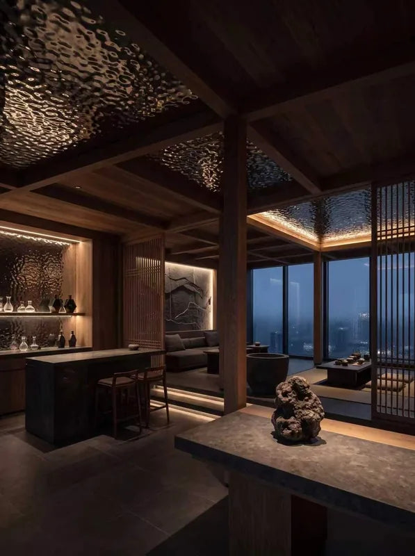 Dark timber tea room with rippled metal ceiling accent