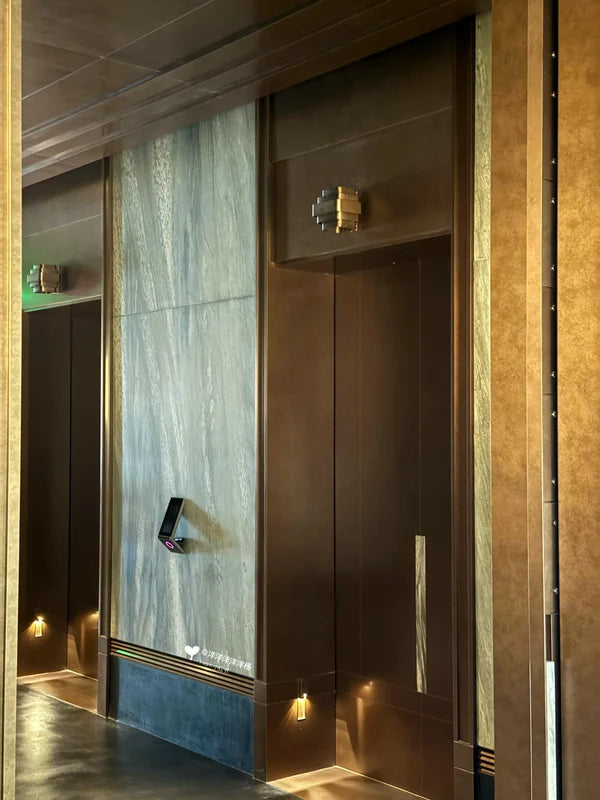 Dark metal elevator entrance with colored wall cladding for custom Xinmao Metal elevator design
