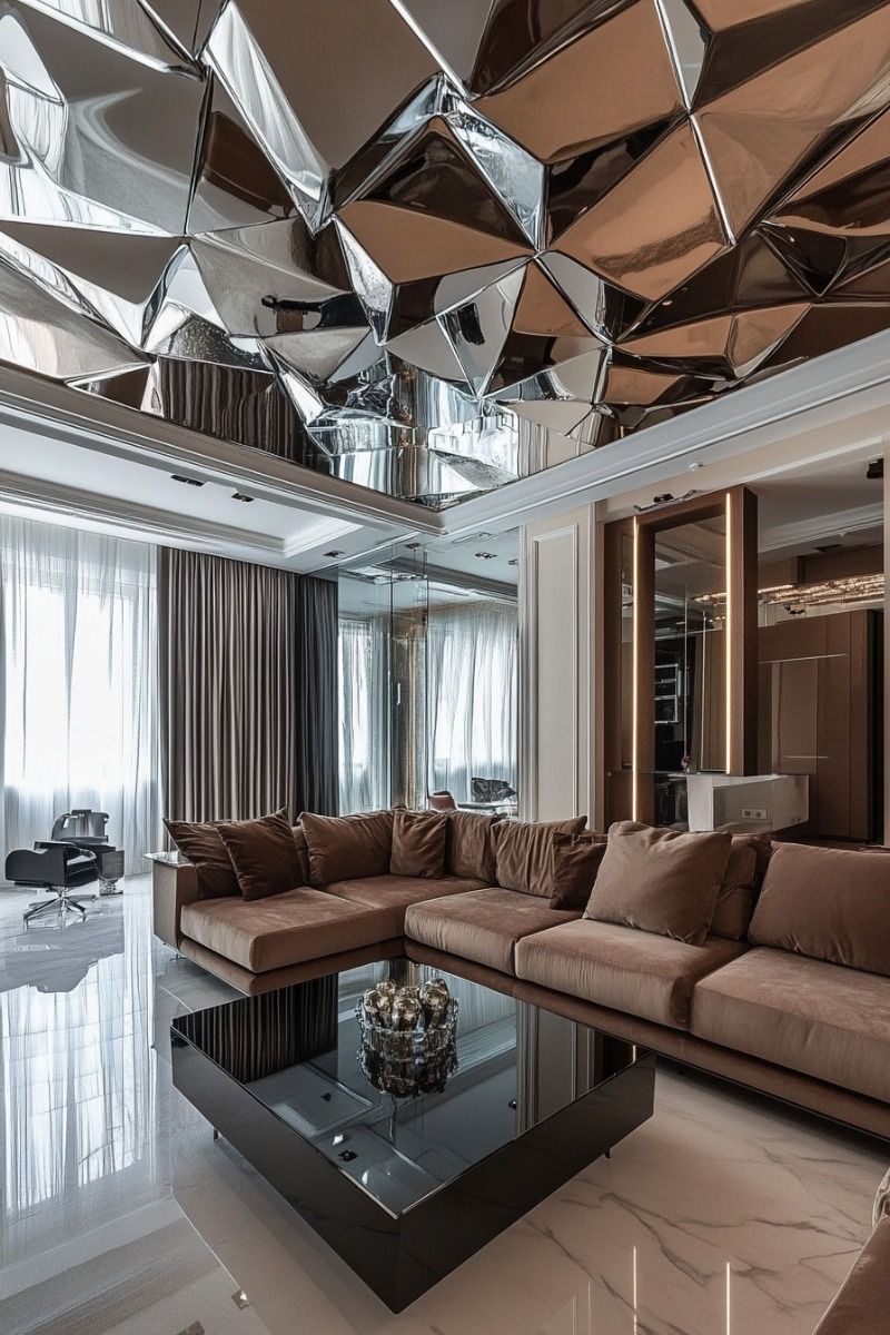 Angular mirrored ceiling facets above lounge seating and glazed wall