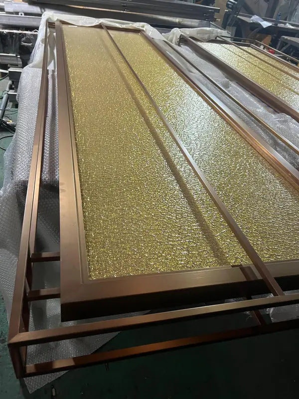 Angled view of Gold Textured Glass stainless steel Screen Panels