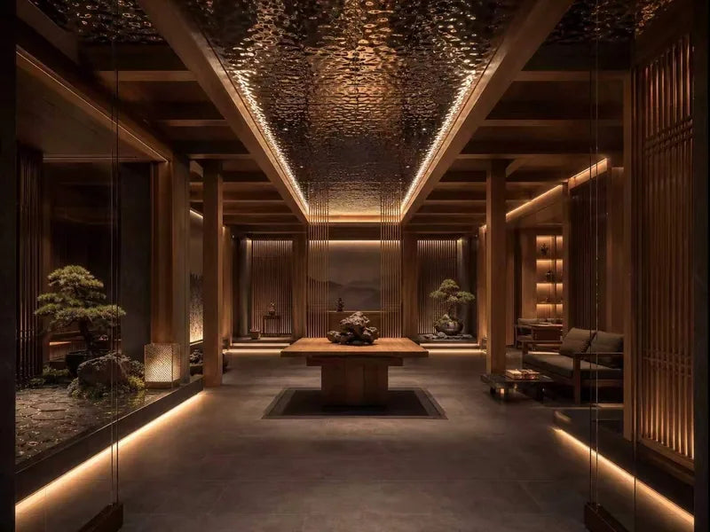 Long view of water ripple ceiling strips in tea space