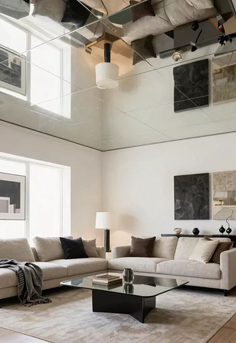 Mirror ceiling field framed by pale perimeter in living room