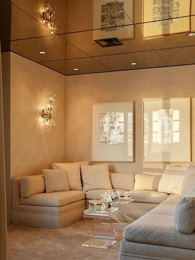Warm-toned mirrored ceiling panels above lounge seating
