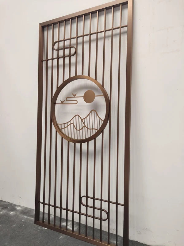 Angled panel view of oriental grille steel screen options